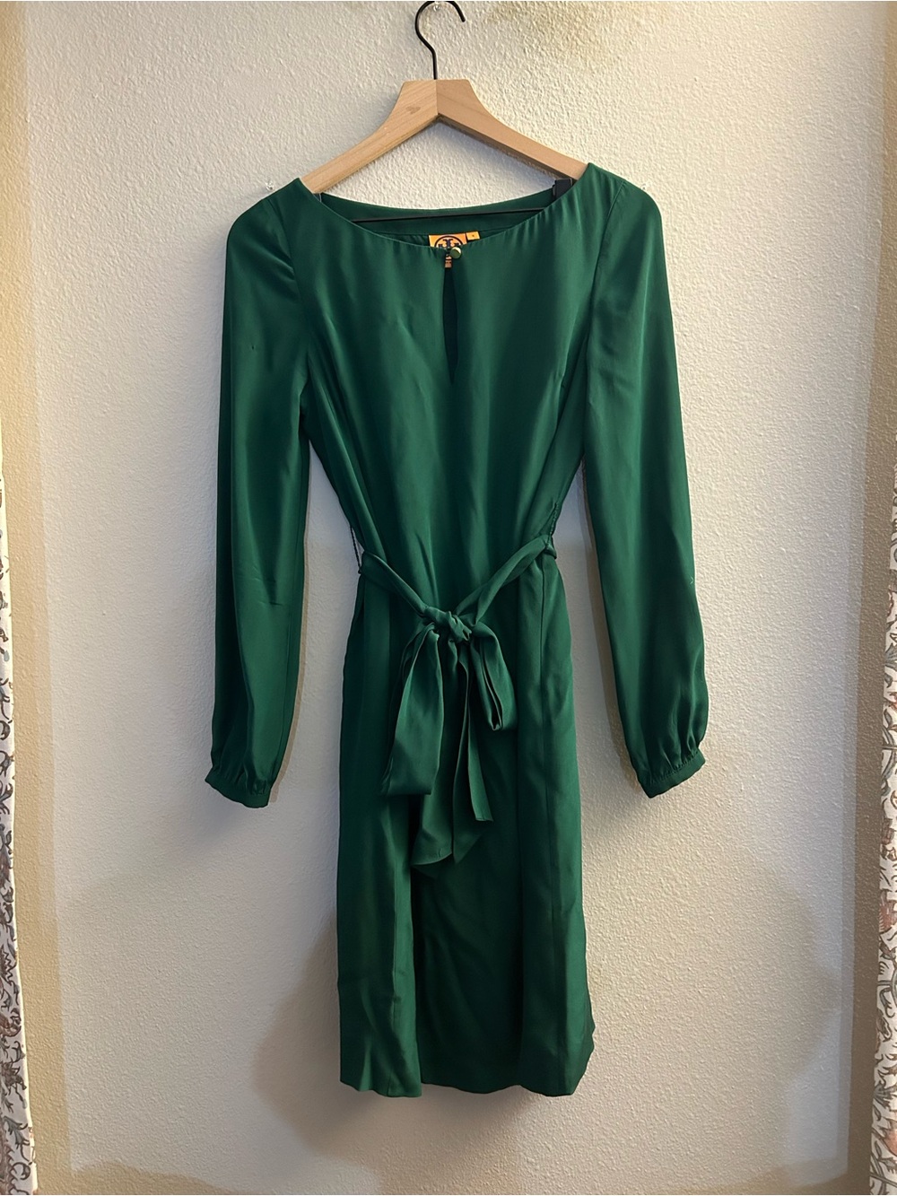 Tory Burch Emerald Green Long-Sleeve Tie-Waist Dress